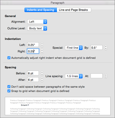 Paragraph dialog box