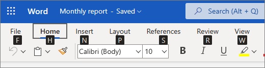 KeyTips shown over each option in the ribbon in Word for the web.